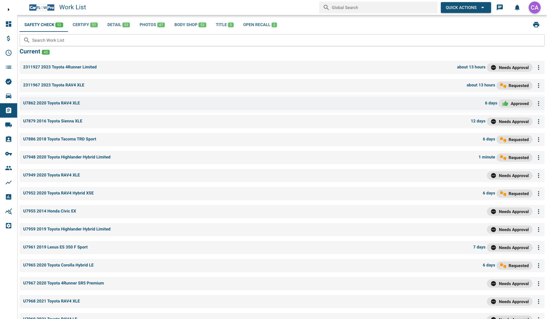 CarFlowPro worklist view